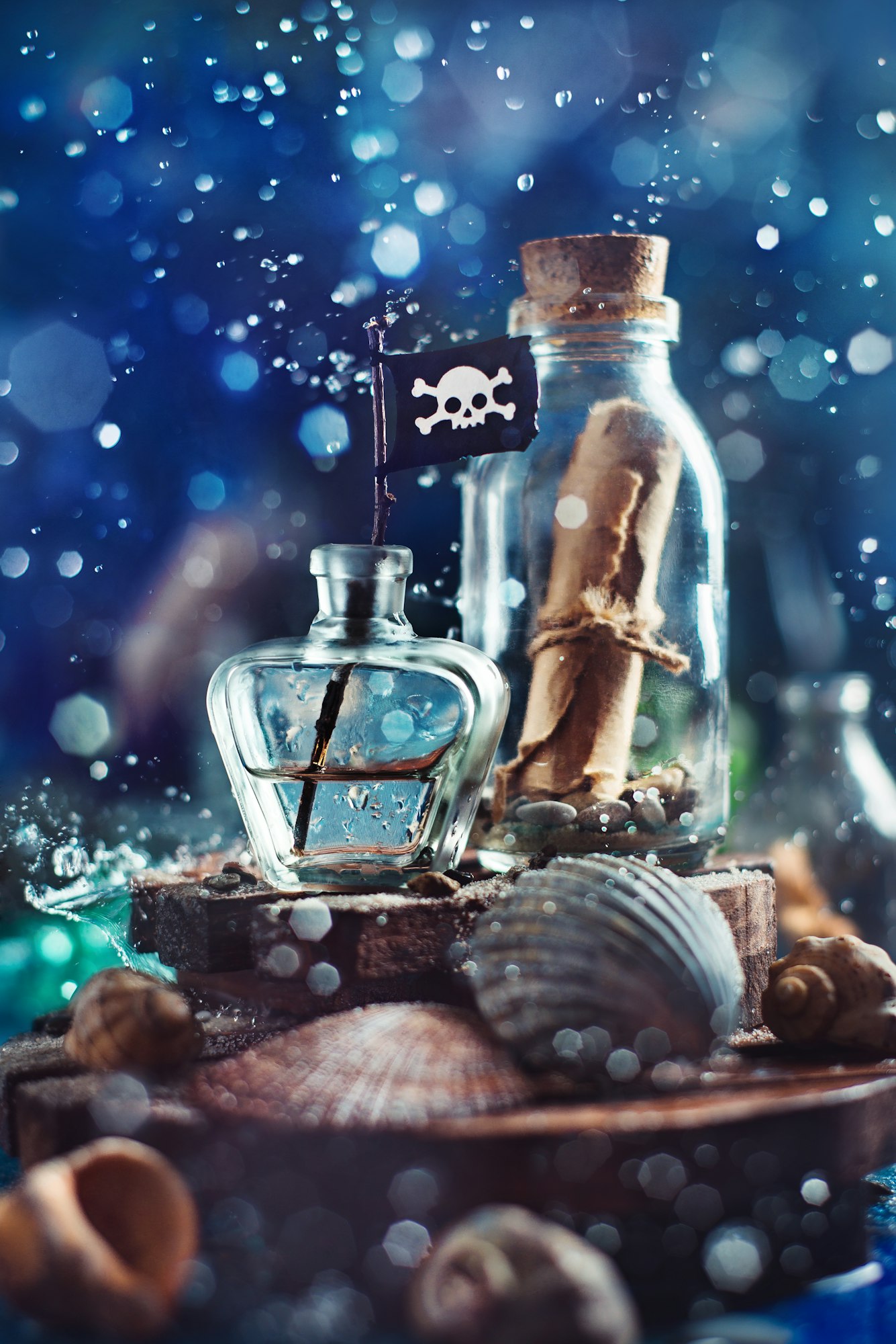 Bottle with a message, seashells and pirate flag